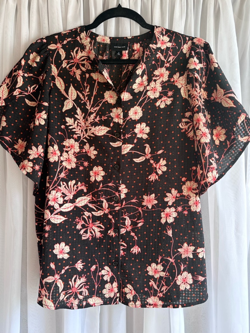 Who What Wear Floral Button-Front Tulip Sleeve Semi-Sheer Top Blouse size S